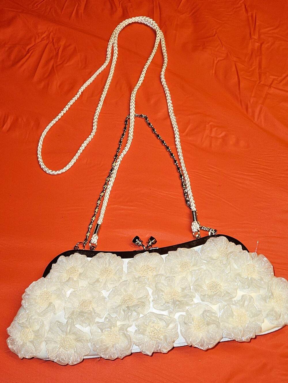 Kate Landry Elegant Cream Floral Evening Clutch w/Chain &Rope Straps E.U.C.